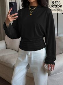 Siren Gaze 女款純色蝙蝠袖長袖休閒T恤，秋冬新款 - 黑色 - 查看 6