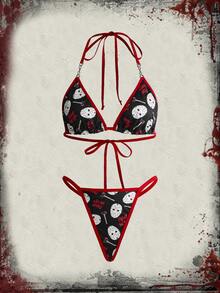 Friday the 13th X ROMWE Friday The 13th Horror Movie Print Women's 3-Piece Lingerie Set, Wireless Camisole Bra, Thong And Hipster Panties - Black - View 1