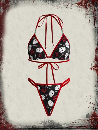 Friday the 13th X ROMWE Friday The 13th Horror Movie Print Women's 3-Piece Lingerie Set, Wireless Camisole Bra, Thong And Hipster Panties