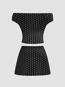 Sweetra Plus Size Early Autumn Ribbed Watermark Polka Dot Asymmetric Neckline Fitted Top And Bodycon Mini Skirt 2 Pieces Set - Black and White - View 2