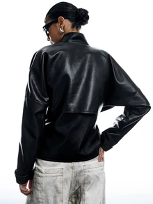 LYSMO Women's Autumn/Winter New Solid Color PU Leather Long Sleeve Pleated Fashion Jacket - Black - View 2
