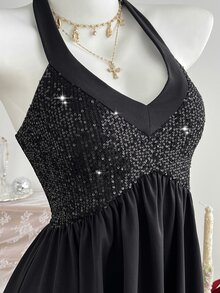 Elamini Gaun Mini Pesta Wanita Hitam dengan Patchwork Sekuin, Kerah V Seksi dan Tali Halter Ikat - Hitam - View 5