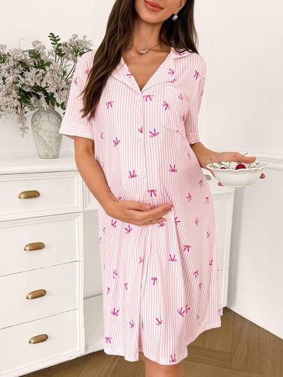 Moonlight&Mama Women's Maternity Mid-Length Nightgown With Collar, Short Sleeves, Striped Bow Print