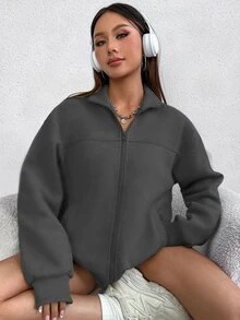 SHEIN Unity 女款純色休閒百搭日常穿著長袖運動衫 - 深灰色 - 查看 5