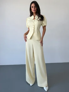 Firerie Women's Solid Color Short Petal Sleeve Single-Breasted Jacket And Wide Leg Pants Elegant Suit Set - Light Yellow - View 6