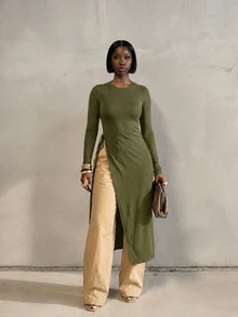 BamGlimmer Summer Valentine's Day New Year Holiday New Design Side Slit Tie-Up Long Sleeve T-Shirt For Women, Fashionable Passionate Vacation Casual Style, Suitable For Travel, Vacation, Daily Wear, Back To School, Party, Gathering - Army Green - View 7