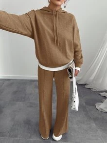 SHEIN طقم قطعتين للنساء: سويت شيرت بغطاء رأس من القطن البني بحجم صغير & بنطال رياضي فضفاض - شوكولاته بني - مشاهدة 6