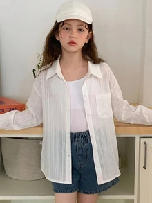 Hapijoa Tween女孩秋季服飾 女孩 (大號) 翻領短袖襯衫 夏季 - 白色 - 查看 8
