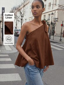 Maija Loose Asymmetric Neck Tie Strap Tank Top With Contrast Stitching, Linen Blend, Casual Comfortable Beach Brunch Vacation Minimalist Coffee Brown Summer - Brown - View 1