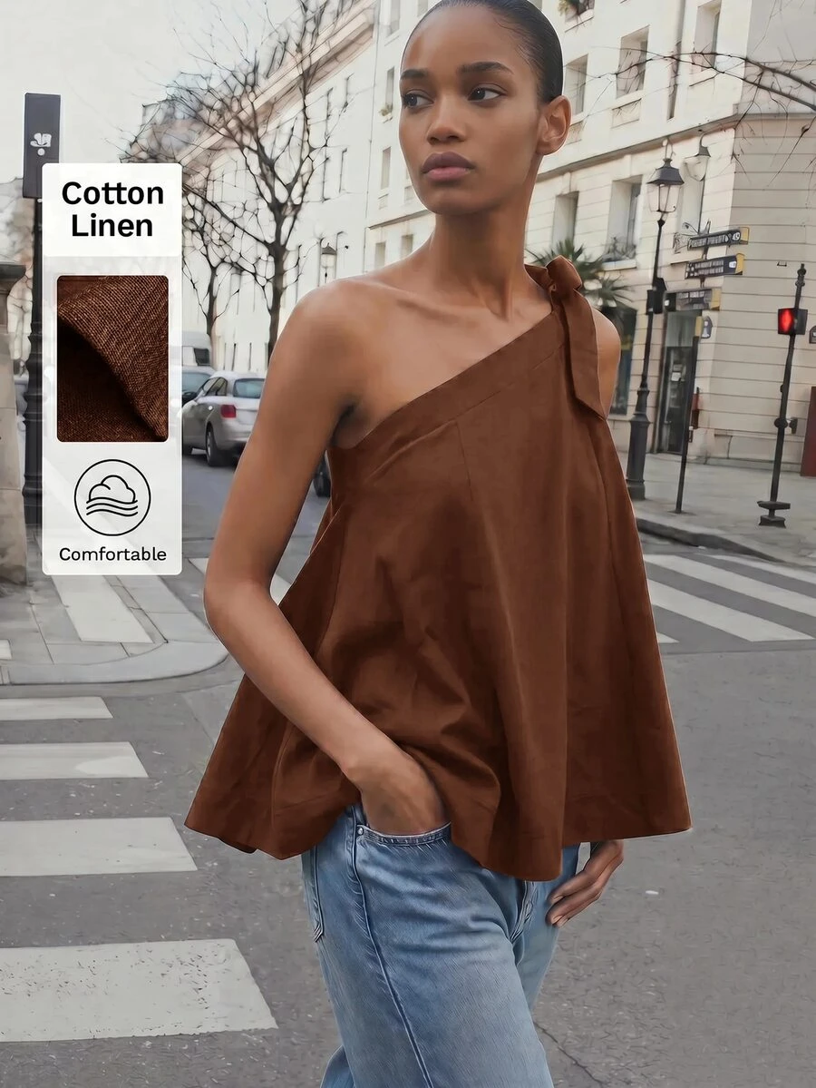 Maija Loose Asymmetric Neck Tie Strap Tank Top With Contrast Stitching, Linen Blend, Casual Comfortable Beach Brunch Vacation Minimalist Coffee Brown Summer - Brown - View 1