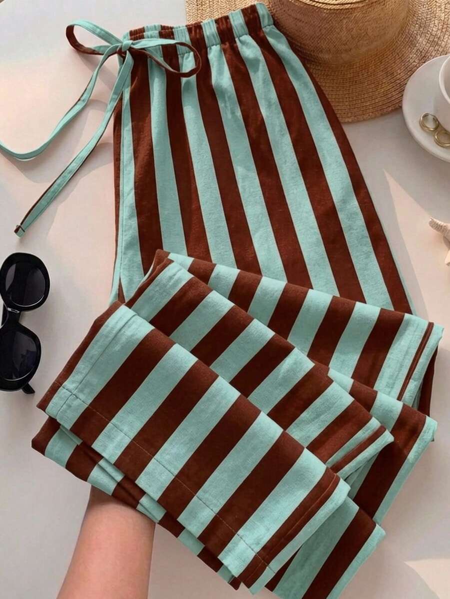 SHEIN EZwear 女款休閒綁帶腰直筒長褲，適合夏季 - 彩色 - 查看 1