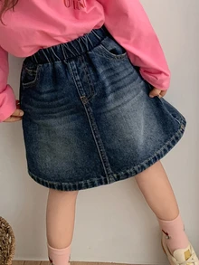 Dazy Kids Young Girls' Washed Distressed Loose Casual Washed Blue Denim Skirt, Autumn/Winter - Dark Wash - View 4