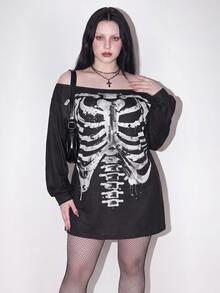 SHEIN ICON 大尺碼 Y2K 骷髏印花寬肩開衩迷你洋裝，萬聖節露肩洋裝 - 黑色 - 查看 2