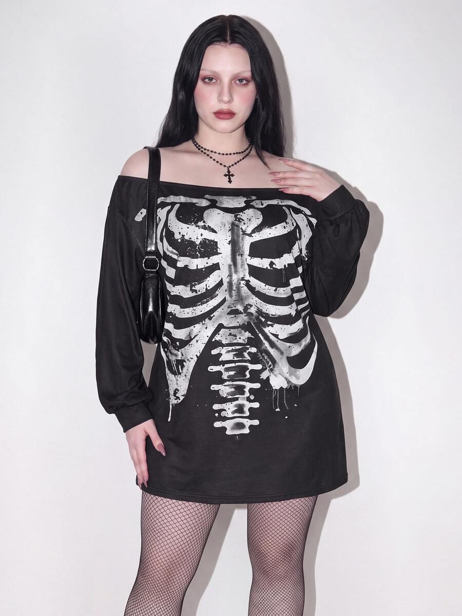 SHEIN ICON Plus Size Y2K Skull Print Wide Shoulder Split Mini Dress, Halloween Off-Shoulder Dress Fall - Black - View 1