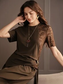 Anewsta Kaos Wanita Model Urban Modern Terbaru, Semi-Transparan, Seksi, Desain Renda, Patchwork Kontras, Leher Bulat, Lengan Pendek - Coklat - View 3