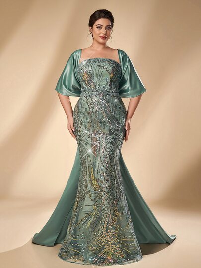 Serin Plus Size Elegant Glamorous Romantic Coffee Color Square Neckline Faux Two Pieces Fitted Mermaid Hemline Bow Puff Sleeve Suitable For Evening Party Date Ball Vacation Wedding Event Heavy Embellished Evening Gown Bridal Mother Dress