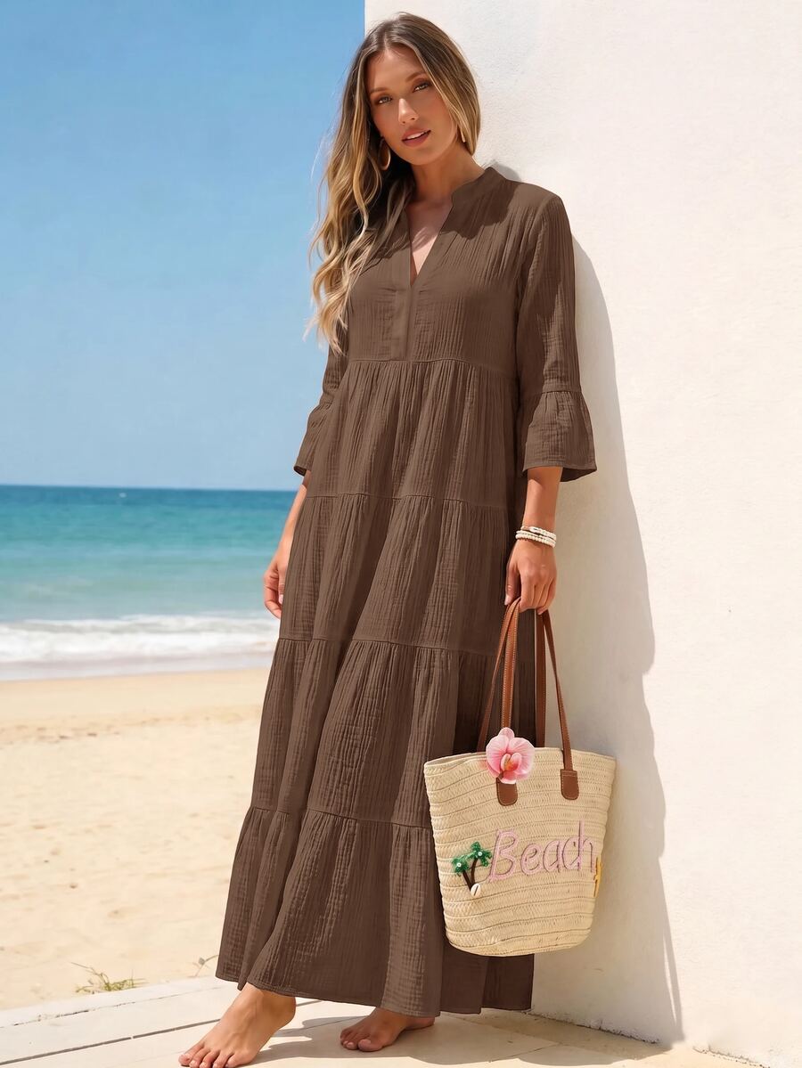 Sylviya 休閒波西米亞熱帶輕盈歐風女款度假V領娃娃洋裝 棕色系 長版 海灘早午餐野餐秋季穿搭 - 棕色 - 查看 1