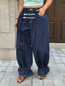Rivivi 大尺碼女款無彈力丹寧深藍條紋燈籠褲，翻邊牛仔褲 - 深色水洗藍 - 查看 3