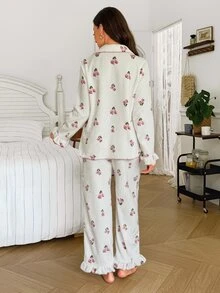 Moonlight&Mama Contrast Color Trim Ruffle Cuff & Hem Plush Striped Maternity Pajama Set - White - View 2