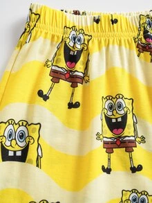 SpongeBob SquarePants | SHEIN 大童男孩字母卡通印花短袖上衣與短褲休閒日常居家睡衣套裝 - 淺灰色 - 查看 6