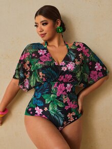 Travachic Plus Size Women's Floral Print 2 In 1 Swimsuit For Vacation - Multicolor - View 8