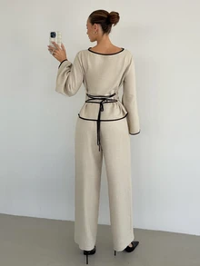 Siren Gaze Women's Round-Neck, Flared-Sleeve, Long-Sleeve, Fitted-Waist Shirt And Pants Set-Perfect For Business, Commuting, And Everyday Work Wear In The Fall. - Apricot - View 3