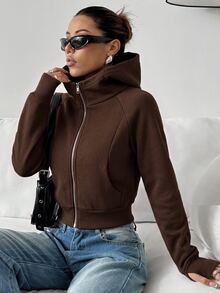 SHEIN EZwear 女士休閒舒適咖啡棕色開襟連帽長袖衛衣，秋冬季 - 棕色 - 查看 1