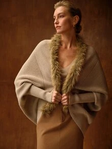 MOTF PREMIUM WOMEN'S ELEGANT KHAKI PATCHWORK FAUX FUR SHAWL CARDIGAN - Khaki - View 1