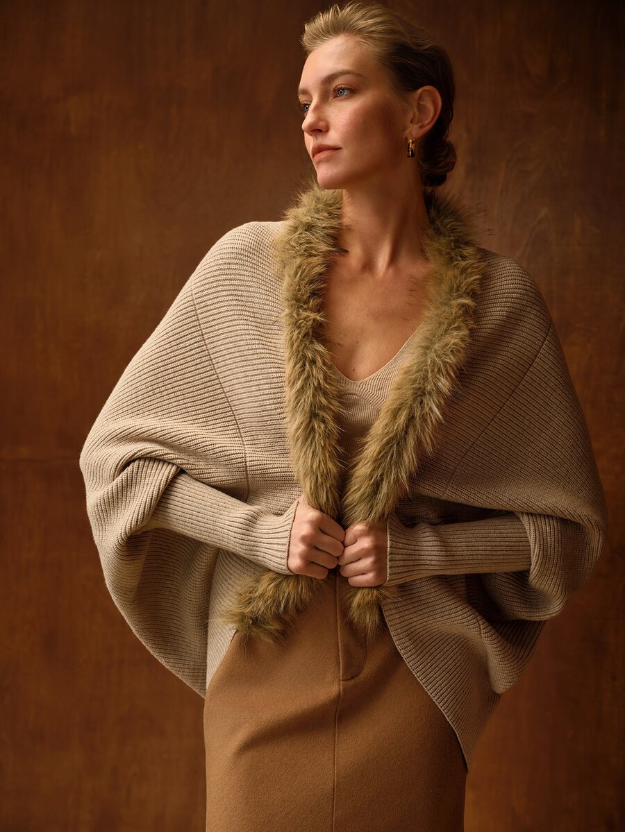 MOTF PREMIUM WOMEN'S ELEGANT KHAKI PATCHWORK FAUX FUR SHAWL CARDIGAN - Khaki - View 1