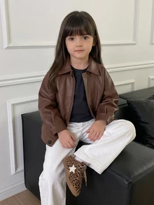 Hapijoa Young Girls' Brown Lapel Autumn/Winter Casual PU Leather Jacket - Brown - View 5