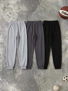 SHEIN 兒童青少年男孩純色抽繩腰休閒百搭運動長褲 冬季 - 彩色 - 查看 3