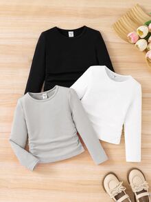 SHEIN Tween Girls' Casual Basics Solid Color Knitted Elastic Long Sleeve Undershirt Tops Mult - Multicolor - View 1