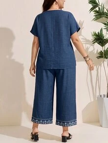 Comfylo 大尺碼女款夏季套裝兩件式度假套裝商務穿搭 - 藏蓝色 - 查看 2