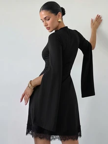 Firerie Women's Solid Color Stand Collar Split Sleeve Lace Hem Elegant Short Dress - Black - View 2
