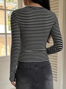DAZY 女款條紋修身性感休閒套頭街頭風T恤 秋季 - 黑色 - 查看 5