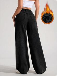 SHEIN ICON Women's Casual Versatile Denim Long Pants With Pockets And Buttons For Daily Wear - Black - View 2