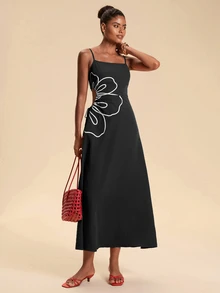 Travachic Floral Embroidered Side Tie Waist Cami Dress For Vacation - Black - View 5