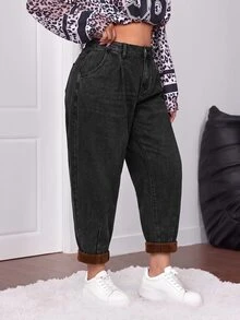 Firerie Plus-Size Women's Dark Grey Washed Straight-Leg Jeans Featuring A High-Waisted, Loose Fit, Cuffed Hems, And A Warm Fleece Lining. - Black - View 3