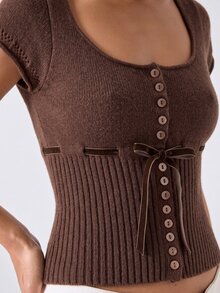 LYSMO 女款夏季休閒前綁帶開襟衫 - 巧克力棕 - 查看 6