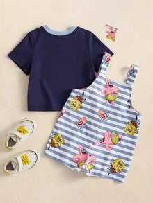 SpongeBob SquarePants | SHEIN Baby Boy Round Neck Short Sleeve T-Shirt And Striped Suspender Romper Casual Set - Blue - View 3
