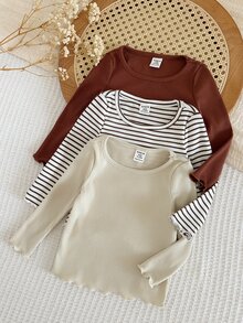 SHEIN 女嬰針織素色條紋圓領休閒T恤上衣3件套 - 彩色 - 查看 6