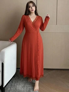 Dazy Plus 大尺碼女款優雅對比蕾絲性感居家中長款睡裙 - 橘色 - 查看 6