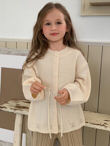 Dazy Kids Young Girls Loose Long Sleeve Autumn/Winter Cinched Waist Tie-Front Cardigan Thick Sweater - Apricot - View 4