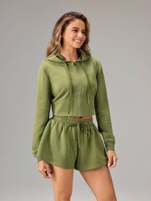 OutZeal Women Sports Jacket Casual Workout Gym Cropped Zip Up Hooded Jacket - Green - View 6