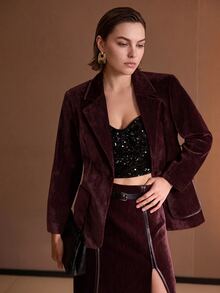 MOTF PREMIUM PLUS SIZE WOMEN'S AUTUMN/WINTER FAUX LEATHER TRIM DECORATED PATCH POCKET SUEDE BLAZER - Burgundy - View 5