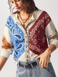 Bohemela Women's Cashew Pattern Single-Breasted Casual Loose Regular Fit Jacket - Apricot - View 2