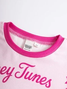 LOONEY TUNES X SHEIN 女童字母印花長袖T恤與長褲家居服套裝 - 粉色 - 查看 4