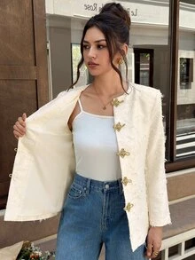 EastFlair Women's Chinese Style Frog Button Long Sleeve Elegant Jacket Dinner Everyday Gold And White Fall/Winter New Year Outfit - White - View 9