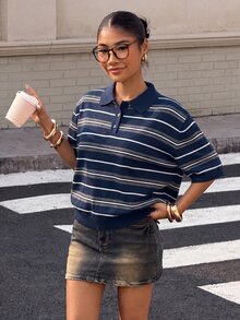 Muchica 海軍藍條紋女款 Polo 領短袖針織上衣 - 藏蓝色 - 查看 3