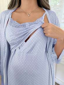 Moonlight&Mama 波點印花蕾絲飾邊孕婦睡裙式洋裝，適合媽媽四季穿著 - 藍色 - 查看 4